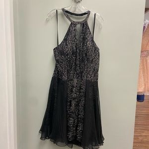 Rachel Allan Black Lace Romper with Overskirt